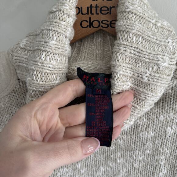Vintage Ralph Lauren Beige Suede Patched Turtleneck Sweater Medium e50 90s y2k - Picture 3 of 4